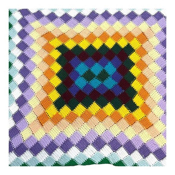 Diamond Rainbow Throw Blanket Afghan Handmade Colorful Granny Square Crochet - Picture 3 of 5